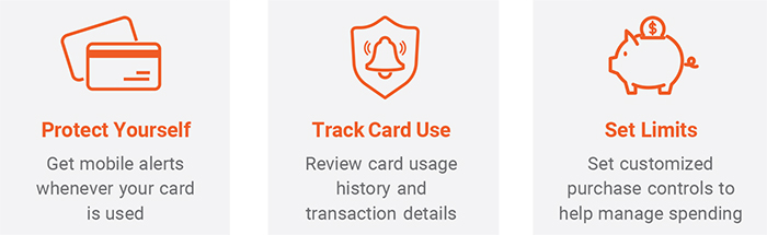 protect yourself: get mobile alerts whenever your card is used. Track card use: review card usage history and transaction details. Set limits: set customized purchase controls to help manage spending. 